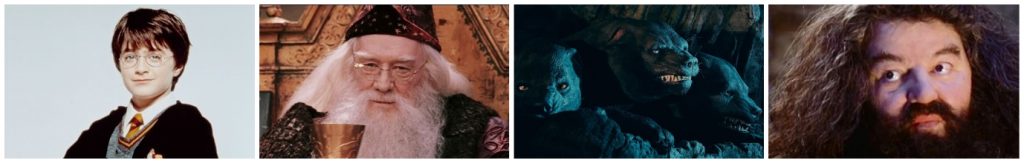 #pracegover audiodescrição resumida: colagem de fotos. Da esquerda para direita, Harry Potter, Dumbledore, cachorro de três cabeças, Fofo e Hagrid.