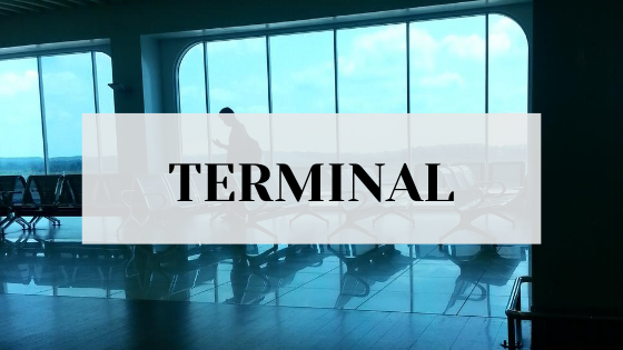 #pracegover audiodescrição resumida: foto de um terminal em tons de azul. No centro, retângulo branco com o escrito "terminal", não-lugar.