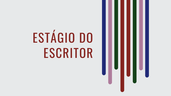 #pracegover audiodescrição resumida: ilustração em fundo cinza. No lado direito, oito riscos de diferentes tamanhos e cores descem do topo da ilustração. Ao lado dos riscos o escrito em vinho: "estágio do escritor".