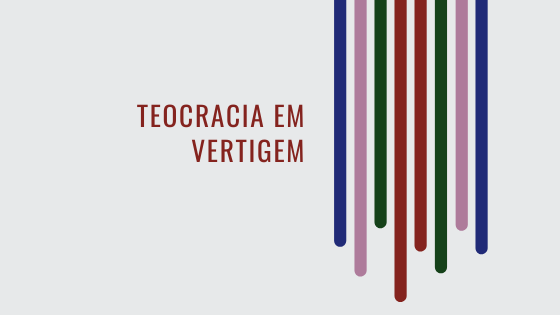 #pracegover audiodescrição resumida: ilustração em fundo cinza. No lado direito, oito riscos de diferentes tamanhos e cores descem do topo da ilustração. Ao lado dos riscos o escrito em vinho: "teocracia em vertigem".