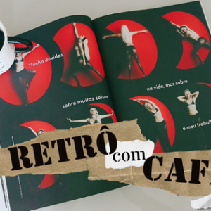 Foto da revista Glamour aberta com uma xícara de café em cima. À frente da foto, nome da coluna em estilo colagem: retrô com café janeiro de 2026.